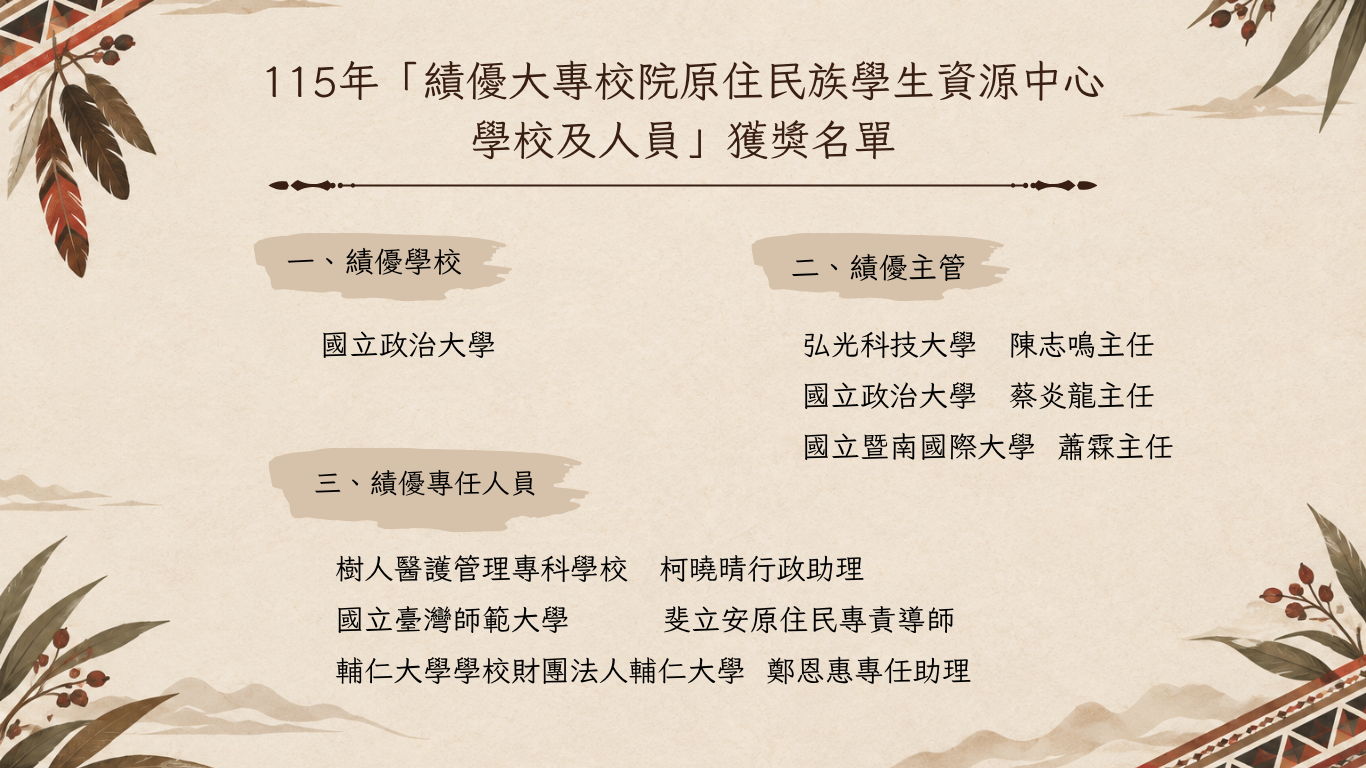 115年「績優大專校院原住民族學生資源中心學校及人員」獲獎名單